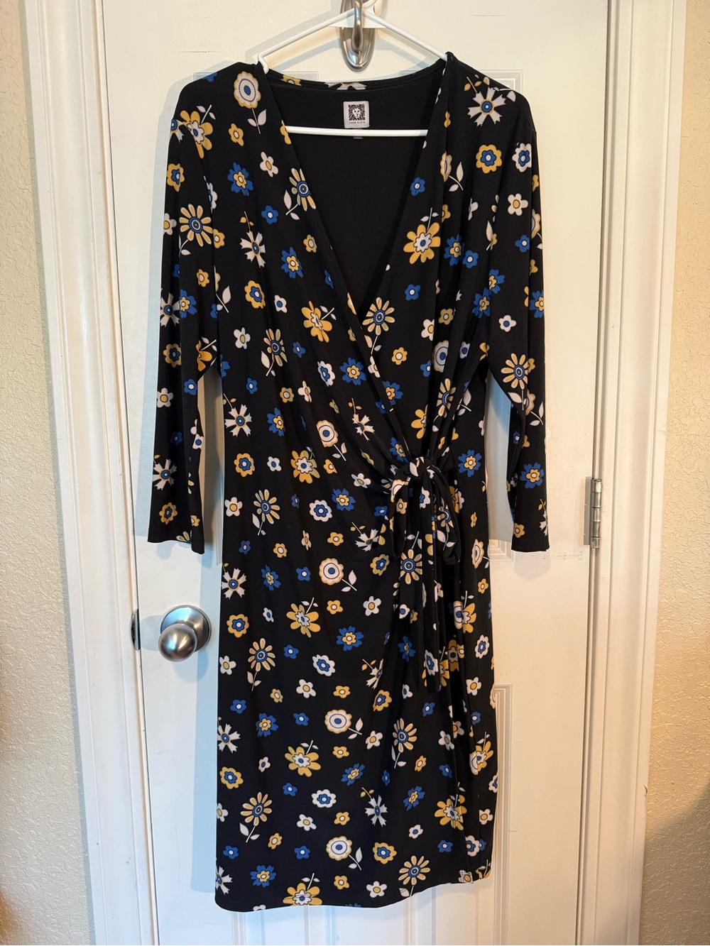 Anne Klein Black Faux Wrap Dress with Blue & Yellow Floral Print